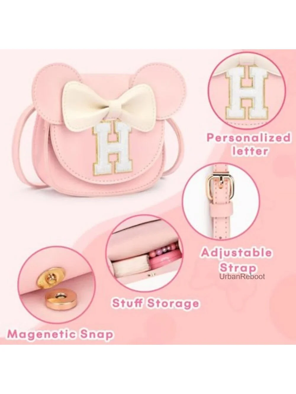 Faux Leather Toddler Purse Wallet Adjustable Strap Snap Closure Letter H